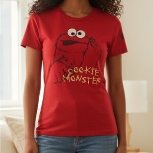 Vintage Junk Food Women’s Red 100% Cotton Cookie Monster Fitted Tee, Medium